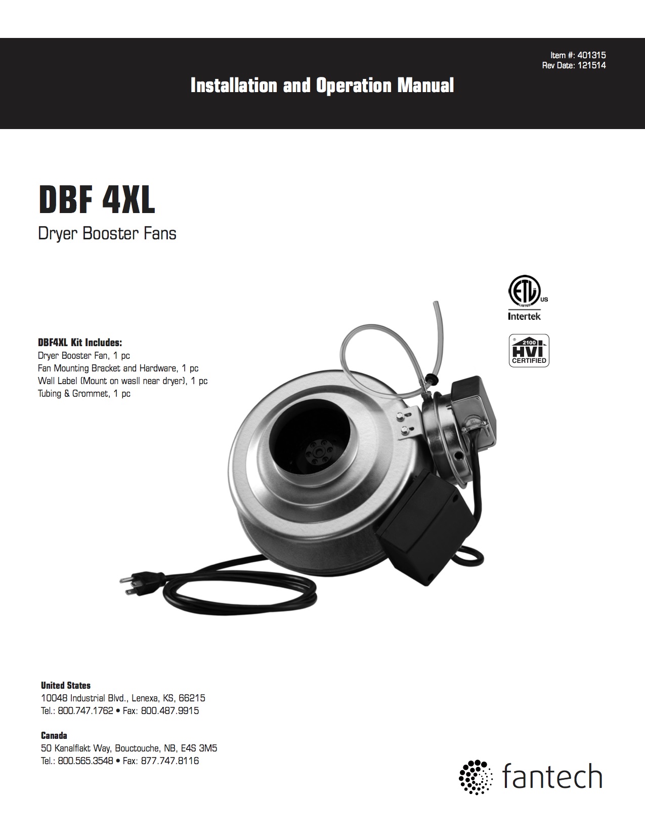 DBF 4XLT Duct Booster Fan - Fans & accessories - Fantech