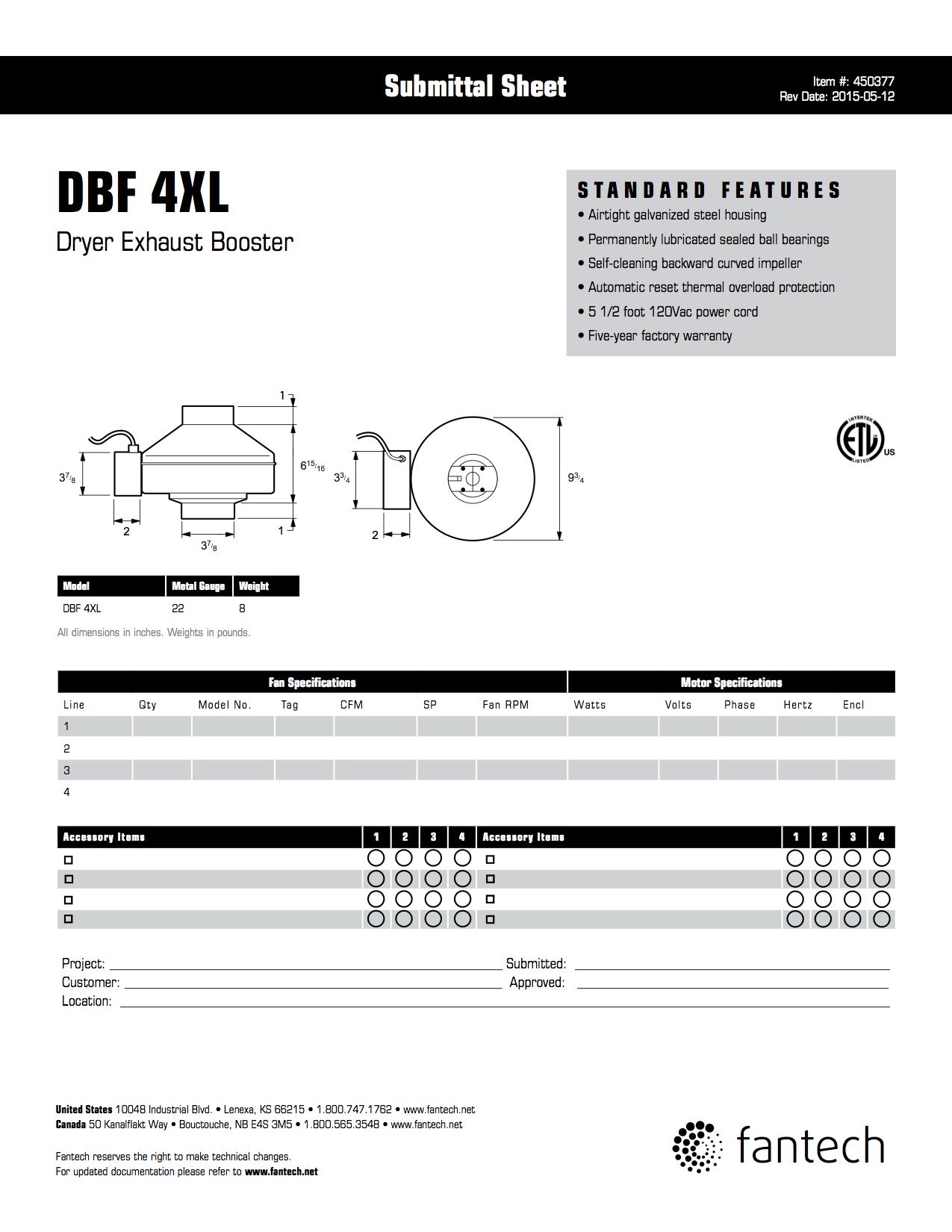 Fantech DBF 4XL Dryer Booster Fan